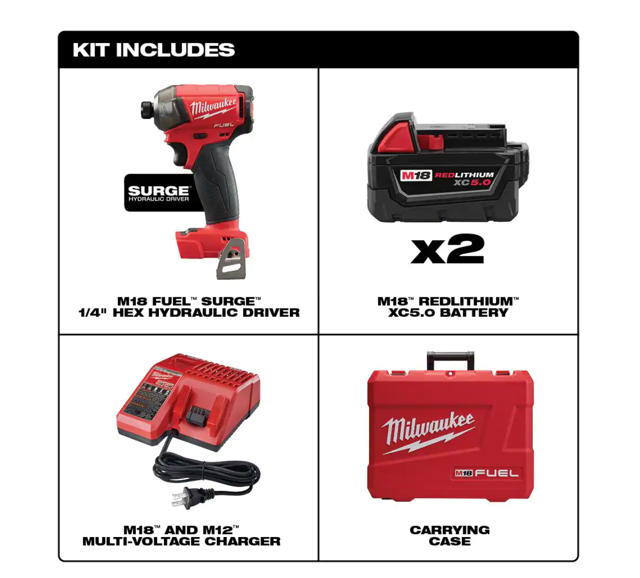 Milwaukee 2760-22 M18 FUEL SURGE 18V Lithium-Ion Brushless Cordless 1/4 in. Hex Impact Driver Compact Kit with Two 5.0 Ah Batteries