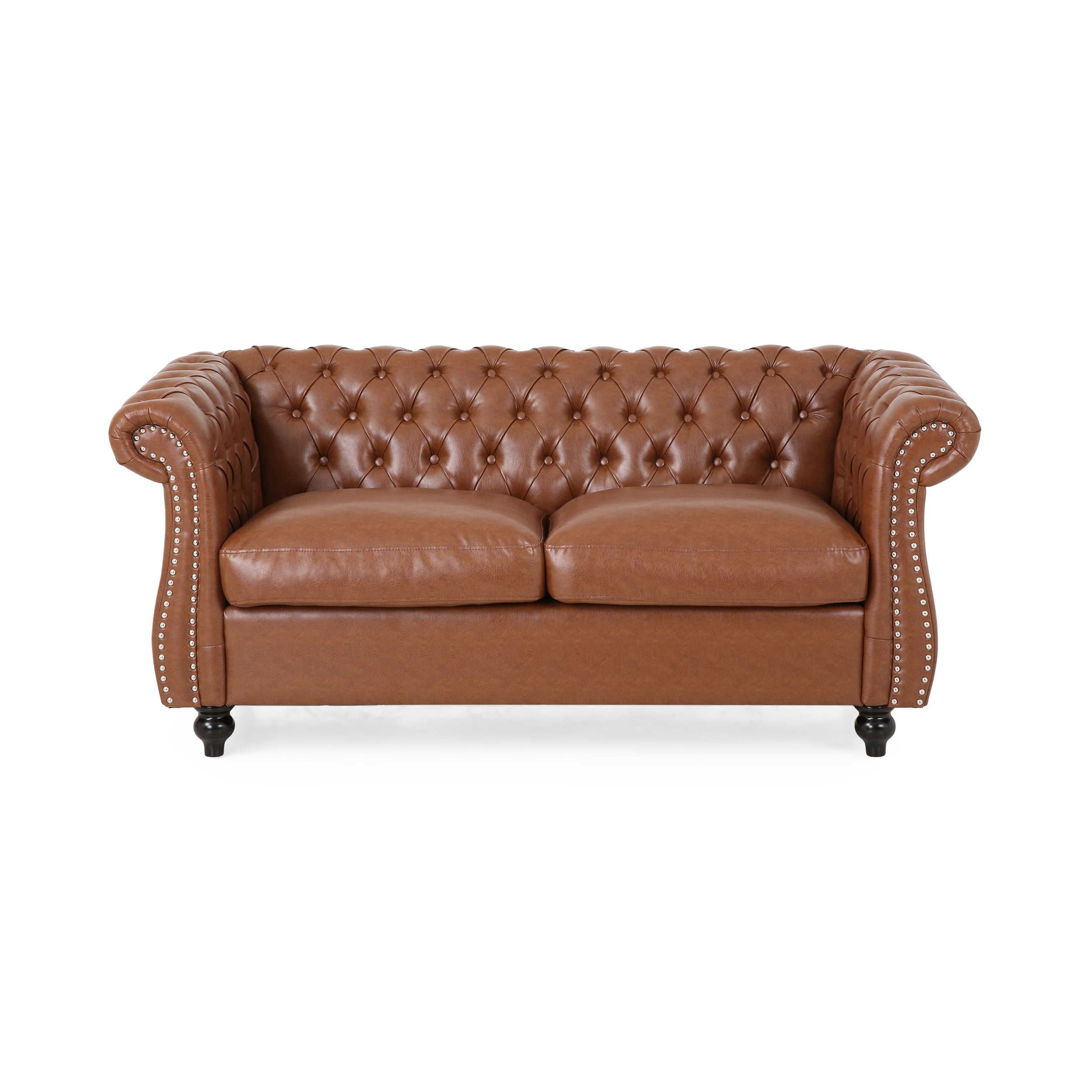 Noble House Magnus Indoor Traditional Chesterfield Faux Leather Loveseat. Cognac Brown