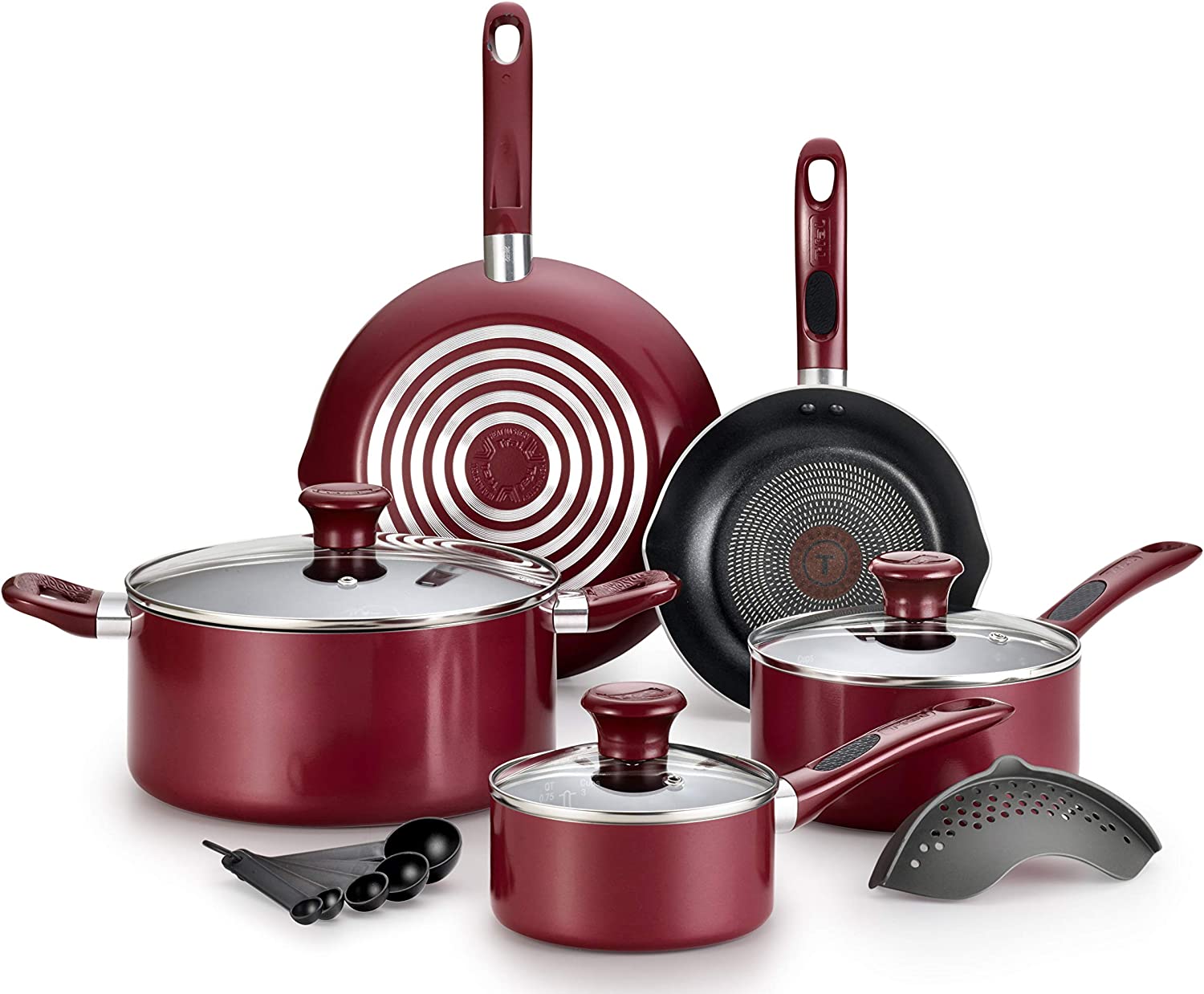 T-fal Excite ProGlide Nonstick Thermo-Spot Heat Indicator Dishwasher Oven Safe Cookware Set. 14-Piece. Red
