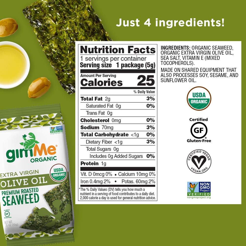 gimMe Organic Roasted Seaweed Sheets - Extra Virgin Olive Oil - 20 Ct