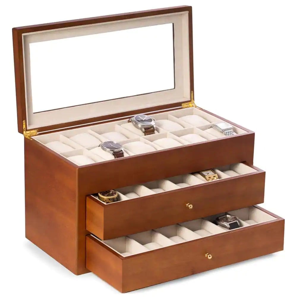Cherry Wood 36-Watch Box with Glass Top and 2-Drawers. Velour Lining and Pillows
