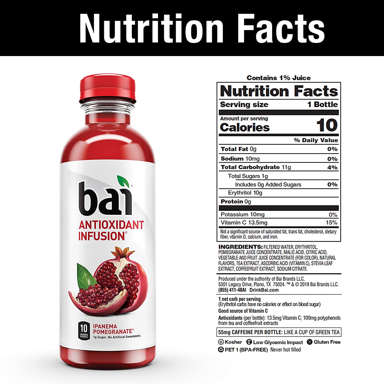 Bai. Ipanema Pomegranate. Antioxidant Infused. 18 Ounce Bottles. 12 Pack