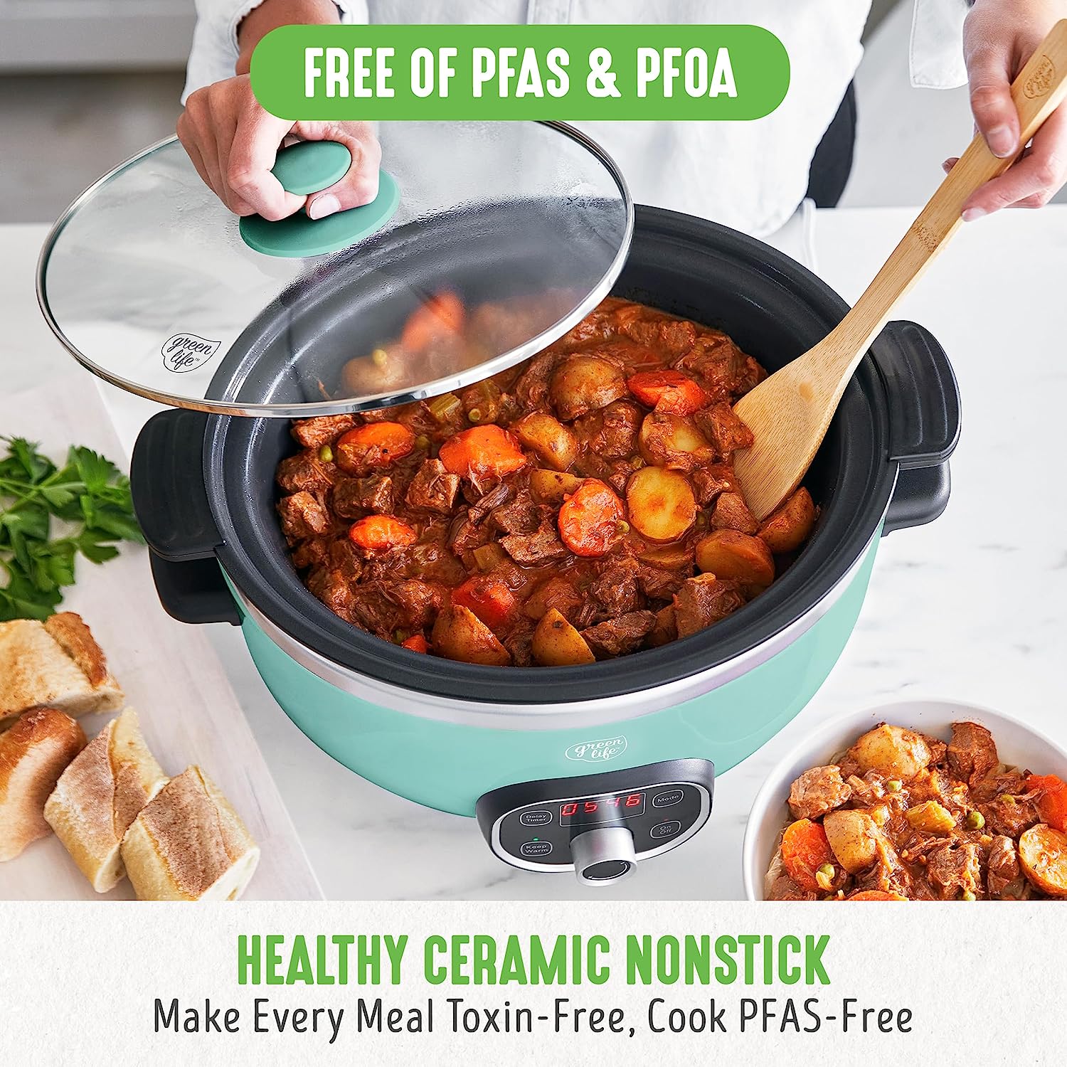 GreenLife Cook Duo Healthy Ceramic Nonstick Programmable 6 Quart Family-Sized Slow Cooker. PFAS-Free. Removable Lid and Pot. Digital Timer. Dishwasher Safe Parts. Turquoise