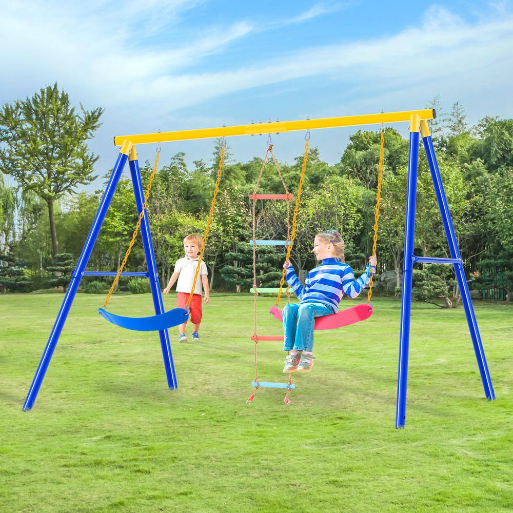LN20232334 Metal Outdoor Swing Set with Climbing Ladder in Blue