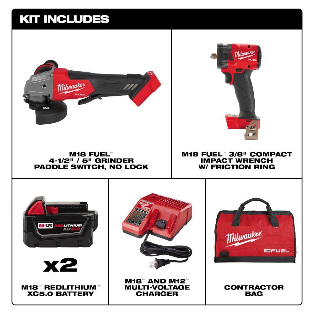 Milwaukee 2991-22 M18 FUEL 18V Lithium-Ion Brushless Cordless Grinder & 3/8 in. Impact Wrench Combo Kit (2-Tool) w/ Two 5Ah Batteries