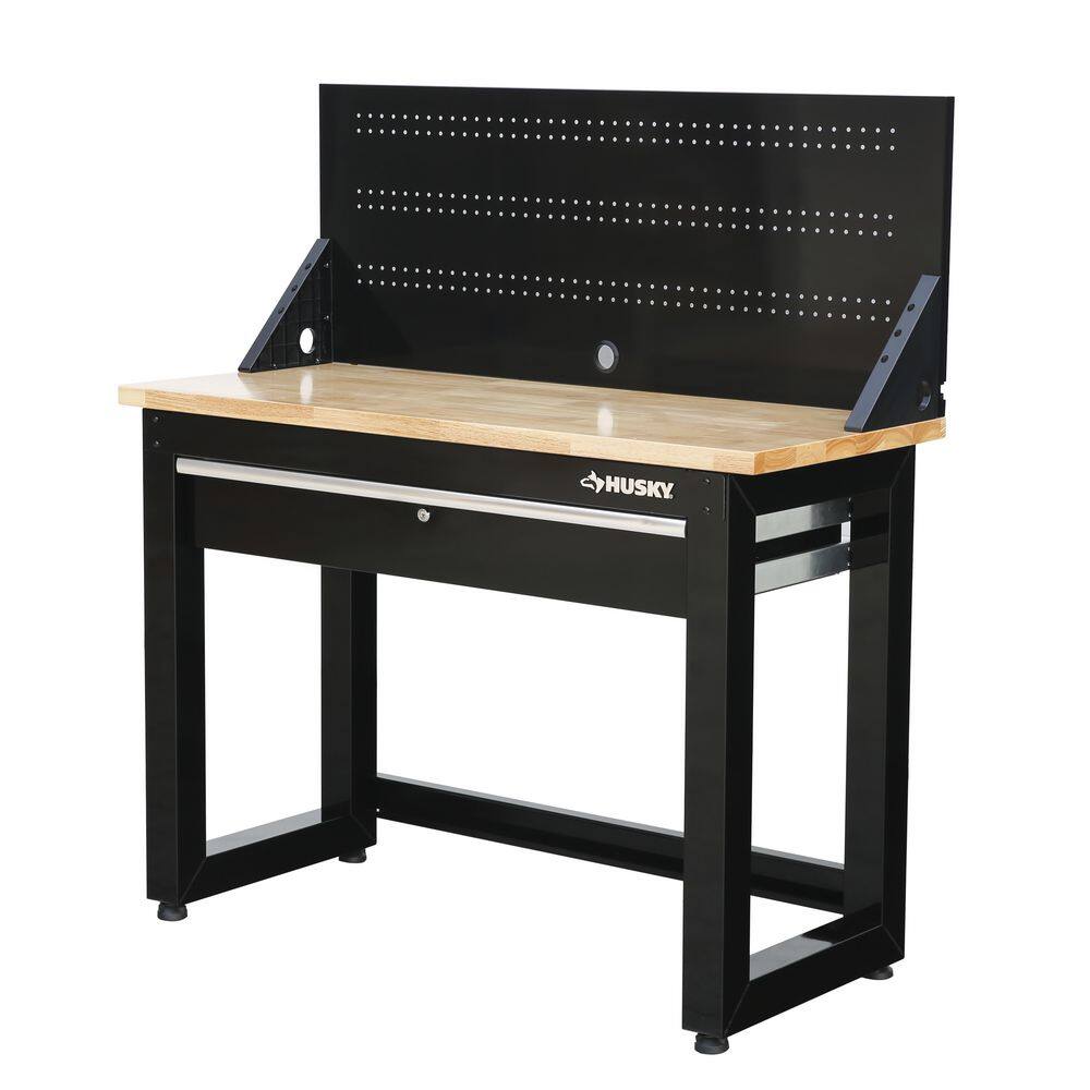 Husky G4801S-US 4 ft. Solid Wood Top Workbench in Black with Pegboard and 1 Drawer