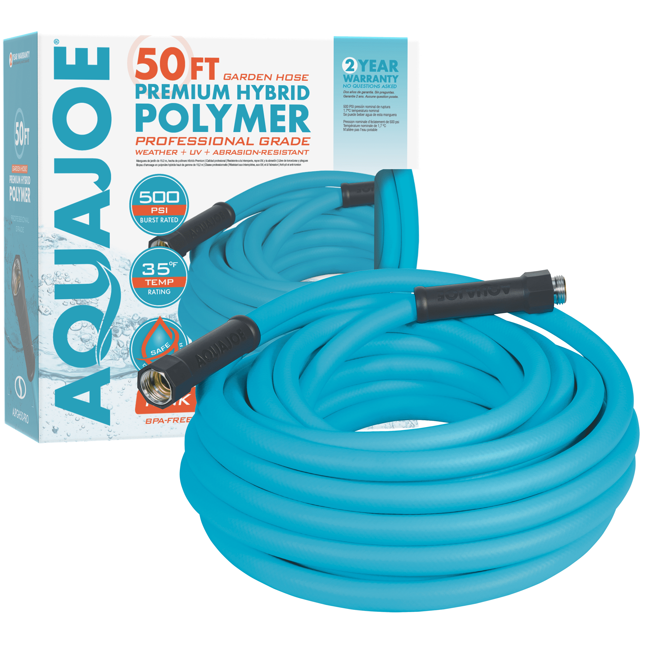 Aqua Joe Hybrid Polymer 50-foot Professional-Grade Garden Hose. 5/8 in. Kink-Free & Abrasion-Resistant. 500-PSI Burst Rated