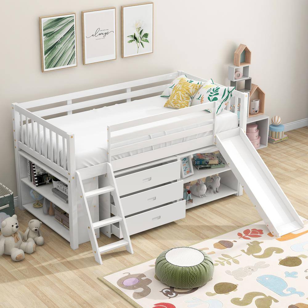 Harper & Bright Designs  Low White Twin Size Loft Bed with Slide. Attached Bookcases and Separate 3-Tier Drawers