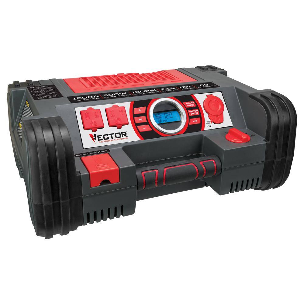 VECTOR PPRH5V 1200 Peak Amp Jump Starter. Dual Power Inverter. 120 PSI Air Compressor. USB Charging Port. Rechargeable