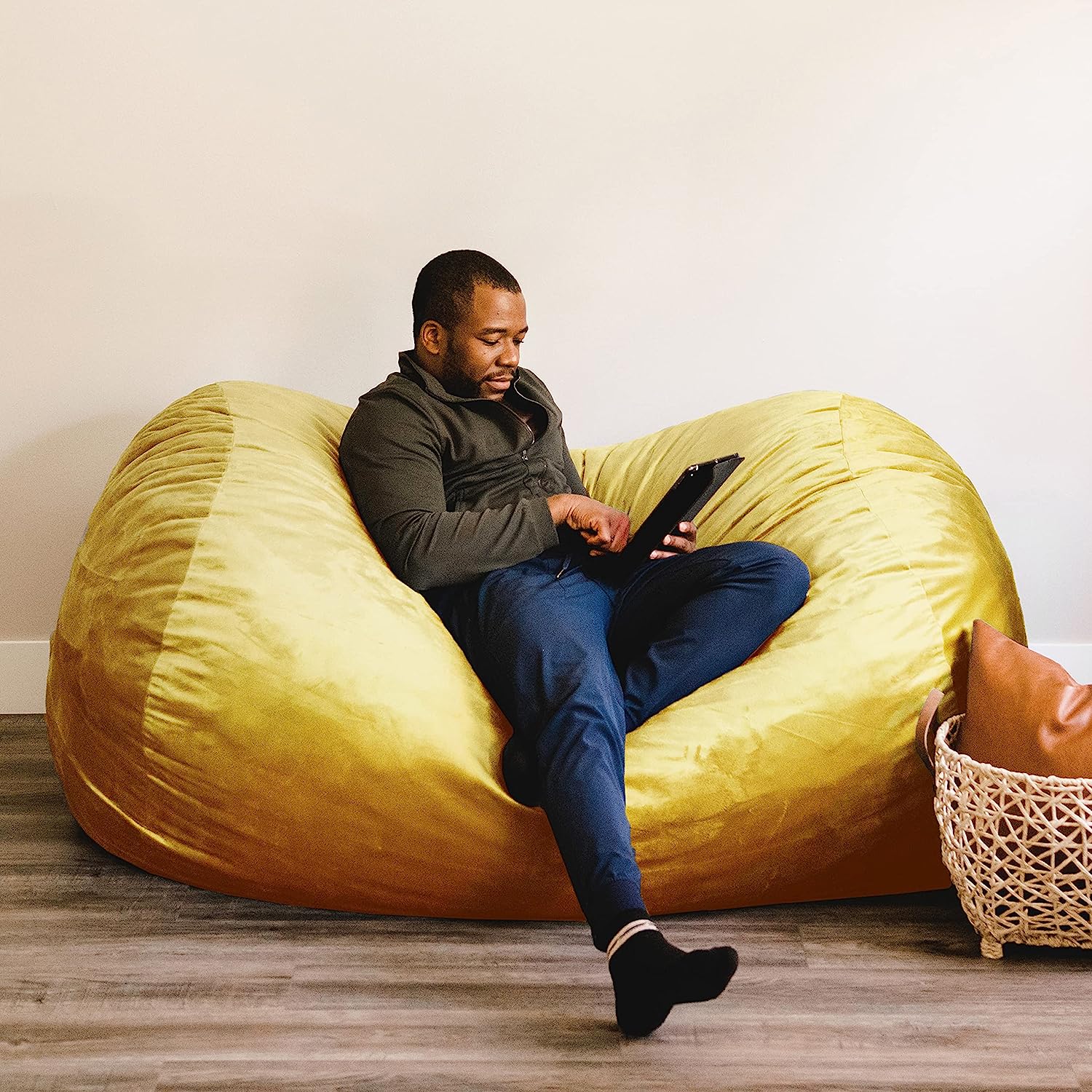 Big Joe Fuf Media Lounger Foam Filled Bean Bag Chair. Mustard Plush. 6ft Giant