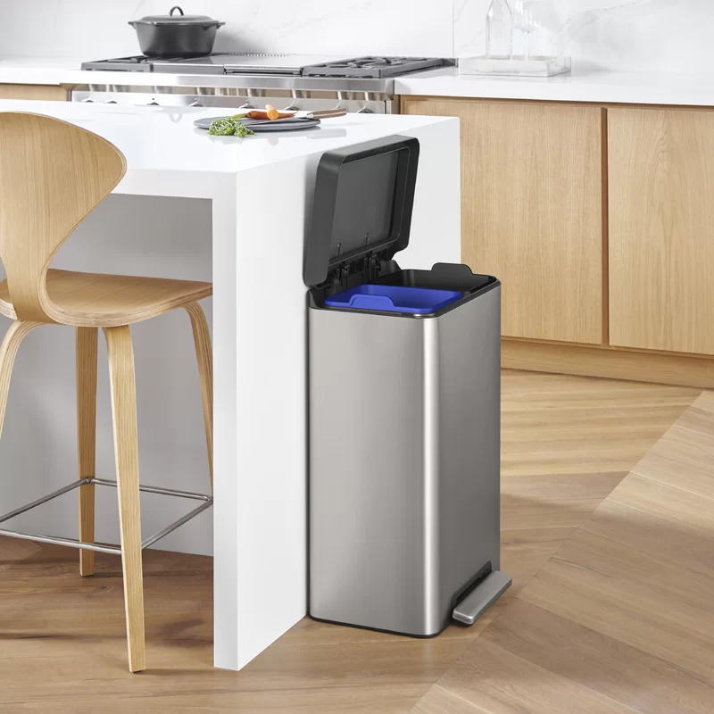 Kohler 20956-ST 11 Gallon Hands-Free Dual Compartment Recycling Kitchen Step. Trash Can with Foot Pedal. Quiet-Close Lid. Stainless Steel