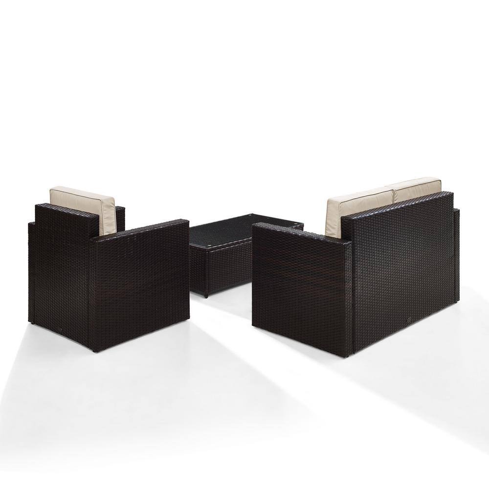 CROSLEY FURNITURE  Palm Harbor 3-Piece Wicker Outdoor Seating Set with Sand Cushions - Loveseat. Chair and Glass Top Table