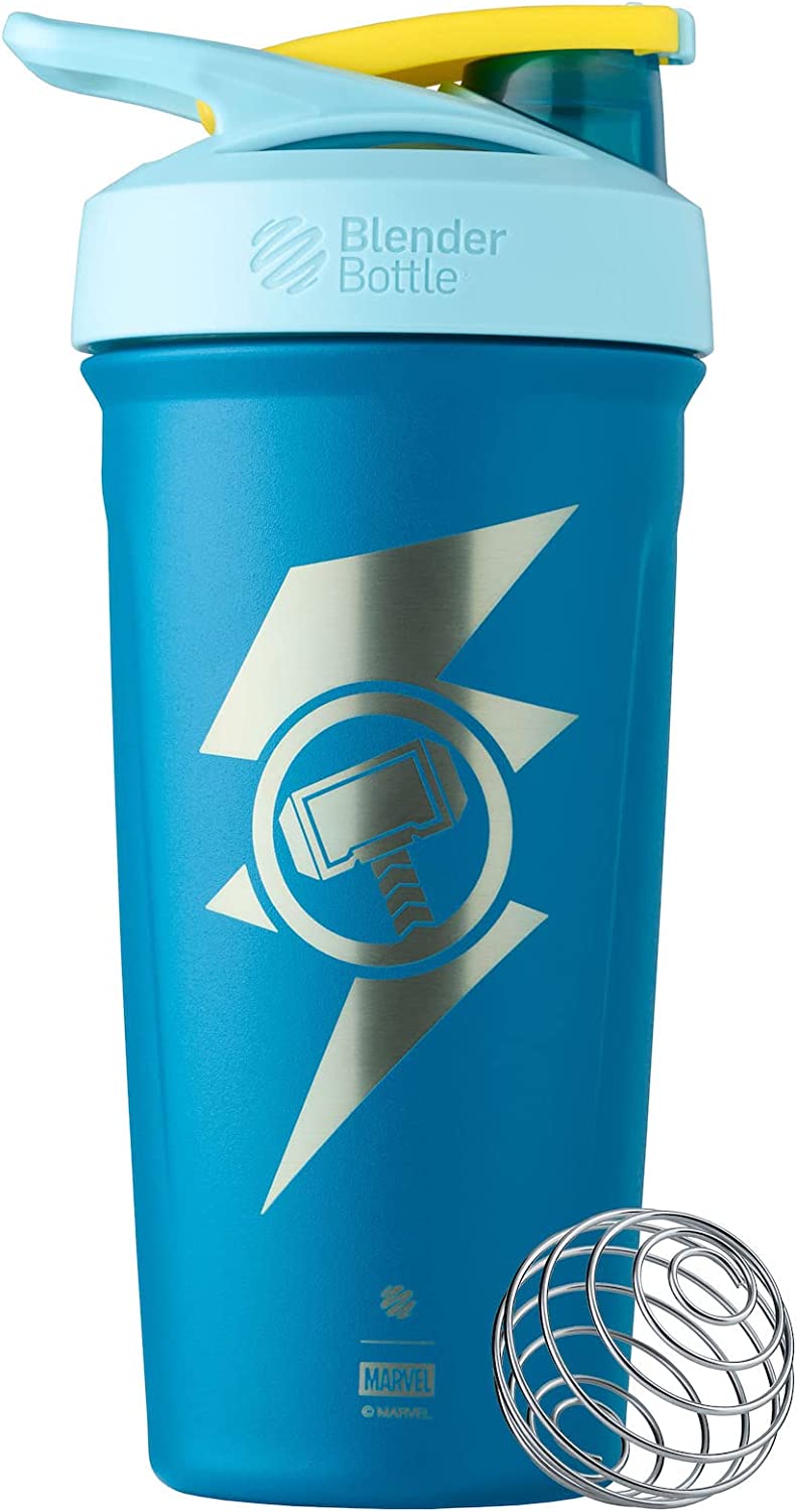 BlenderBottle Marvel Strada Shaker Cup Insulated Stainless Steel Water Bottle with Wire Whisk. 24-Ounce. Thor Hammer
