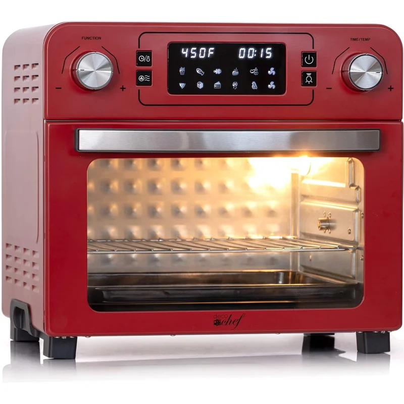 Deco Chef TQAIRRED 24 QT Red Stainless Steel Countertop 1700 Watt Toaster Oven with Built-in Air Fryer and Included Rotisserie Assembly. Grill Rack. Frying Basket. and Baking Pan