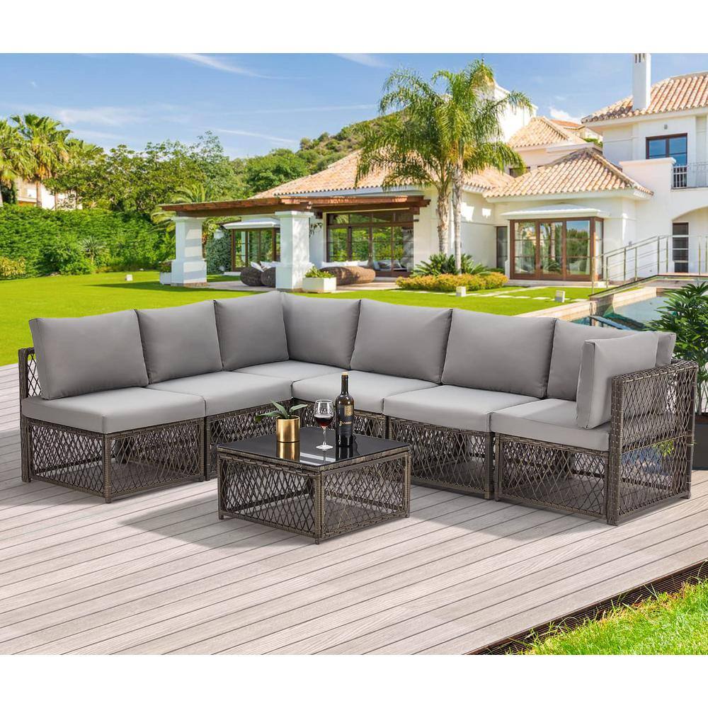 AECOJOY  Gray 7-Pieces Patio PE Rattan Wicker Sofa Set Outdoor Sectional Conversation Furniture Set with Gray Cushions