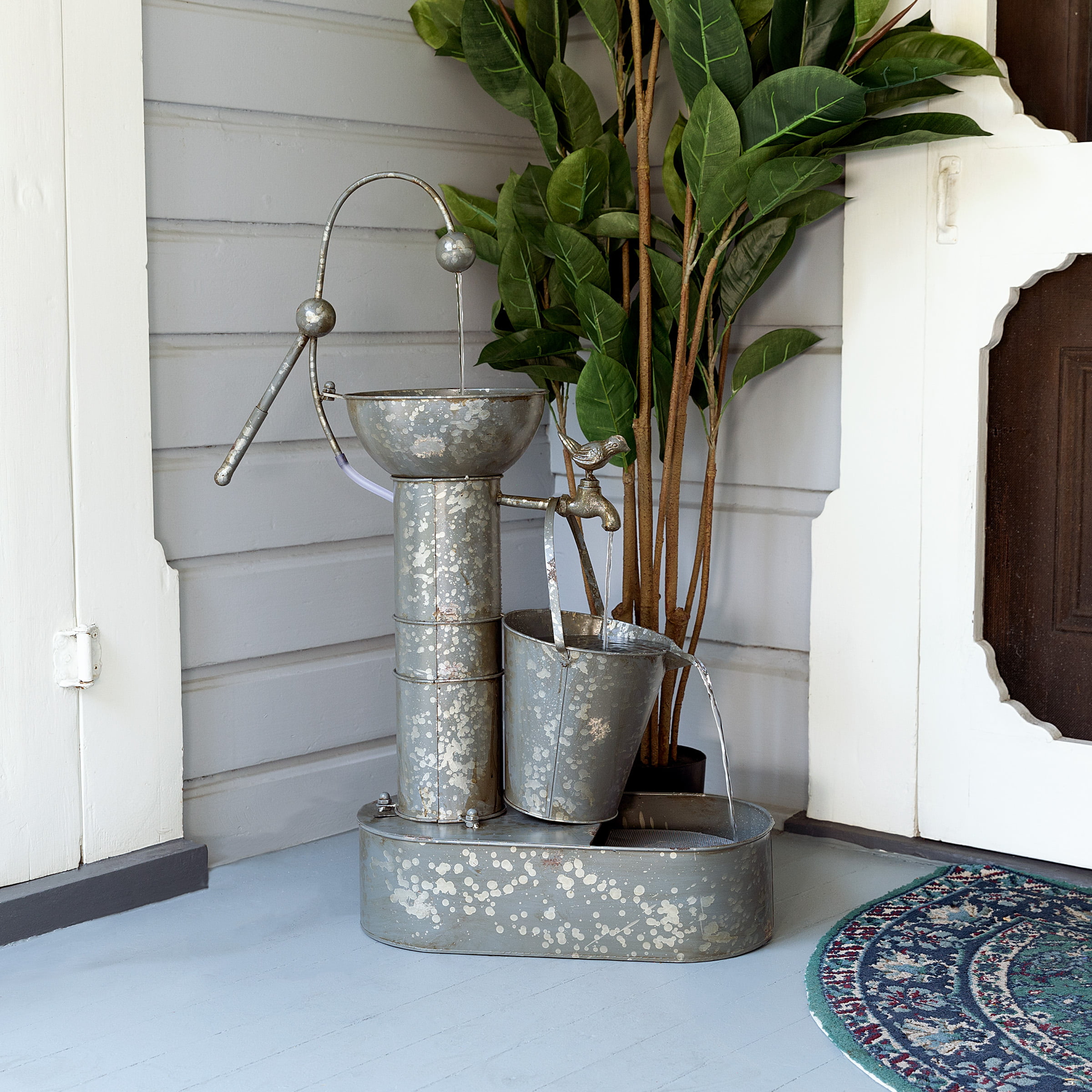 Alpine Corporation Rustic Metal Tiering Tin Water Fountain. 34 Inch Tall