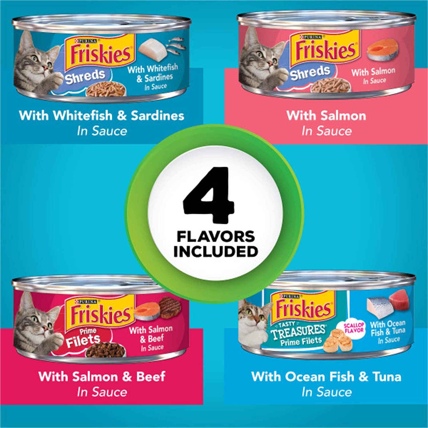 Purina Friskies Wet Cat Food Variety Pack Fish-A-Licious Shreds Prime Filets and Tasty Treasures - (32) 5.5 oz. Cans