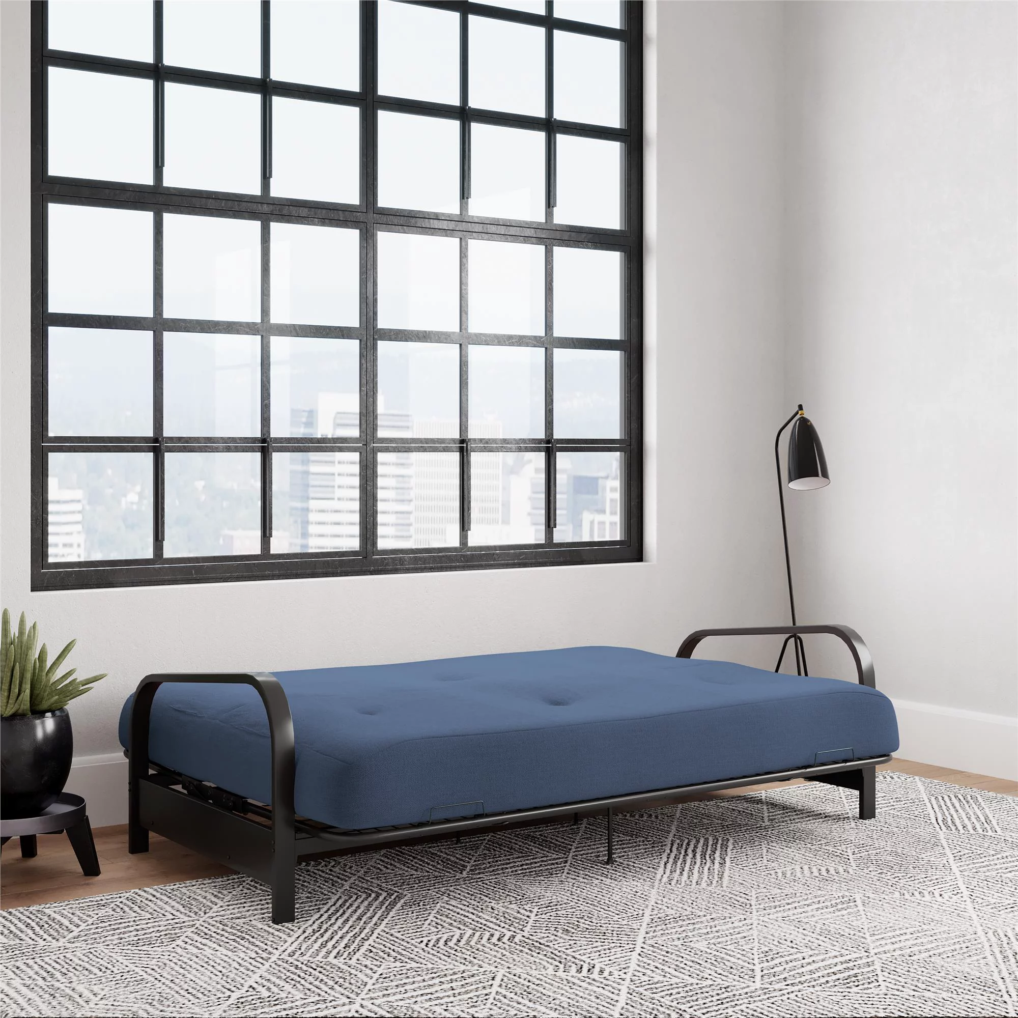 DHP Cleo Black Metal Arm Full Size Futon Frame with 6 Blue Mattress