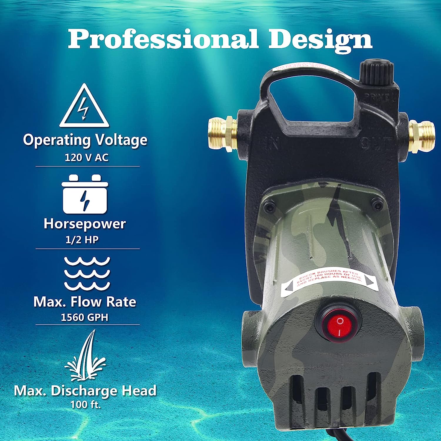 TIGEROAR 120V AC Portable Water Transfer Pump 1560 GPH Cast Iron 1/2 HP Water Pump with 6 ft. Power Cord for Pool Pump with Multipurpose Water Transferring - Camouflage Color