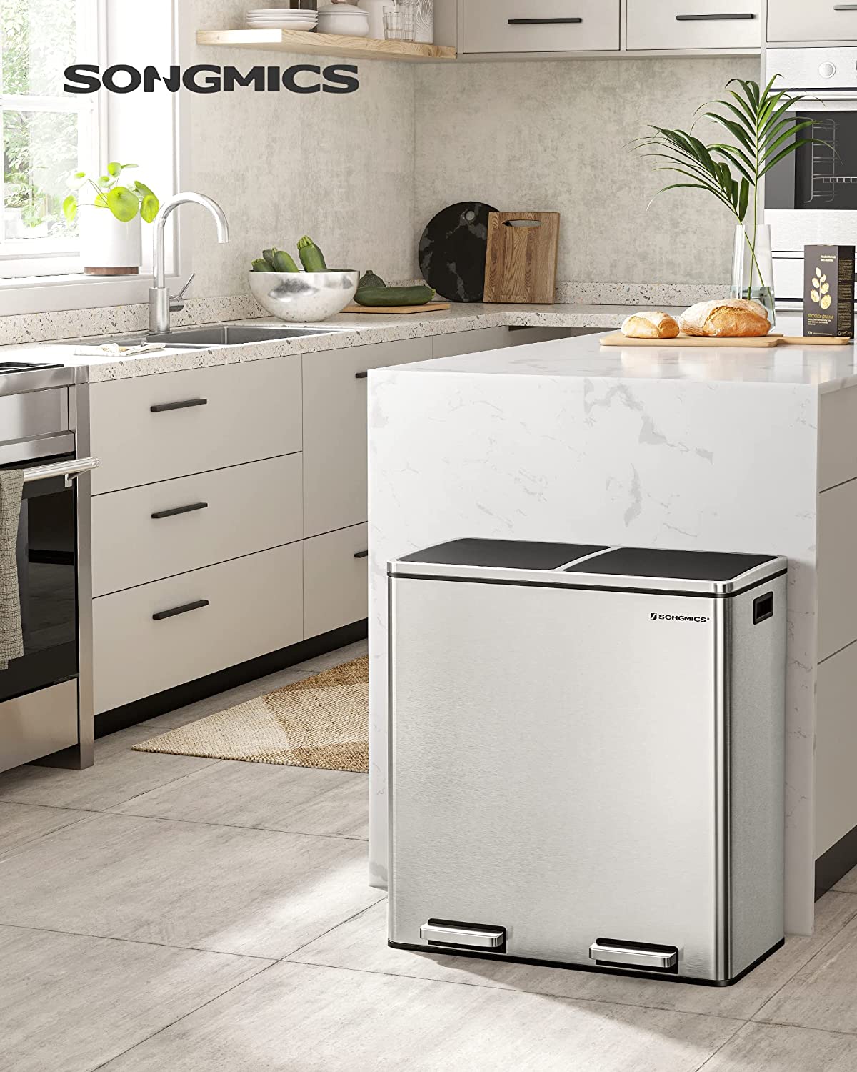 SONGMICS Trash Can. 2 x 8-Gallon Garbage Can for Kitchen. with 15 Trash Bags. 2 Compartments. Plastic Inner Buckets and Hinged Lids. Airtight. Silver and Black ULTB60NL