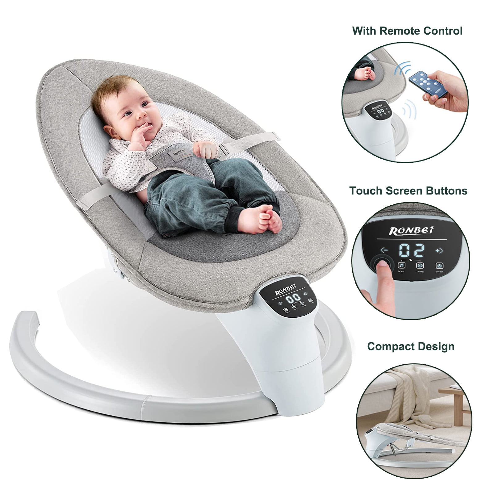 RONBEI 3 IN 1 Baby Swing  Comfort Electric Cradling  Swing for Infants Soothe Portable  Newborn Swing with Music Remote Control Timing Function Mosquito Net Gray