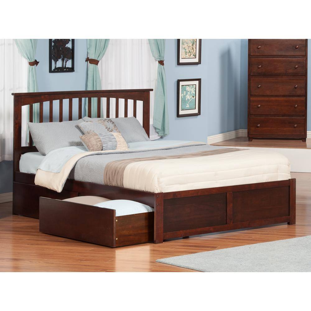 AFI  Mission Walnut Queen Solid Wood Storage Platform Bed with Flat Panel Foot Board and 2 Bed Drawers