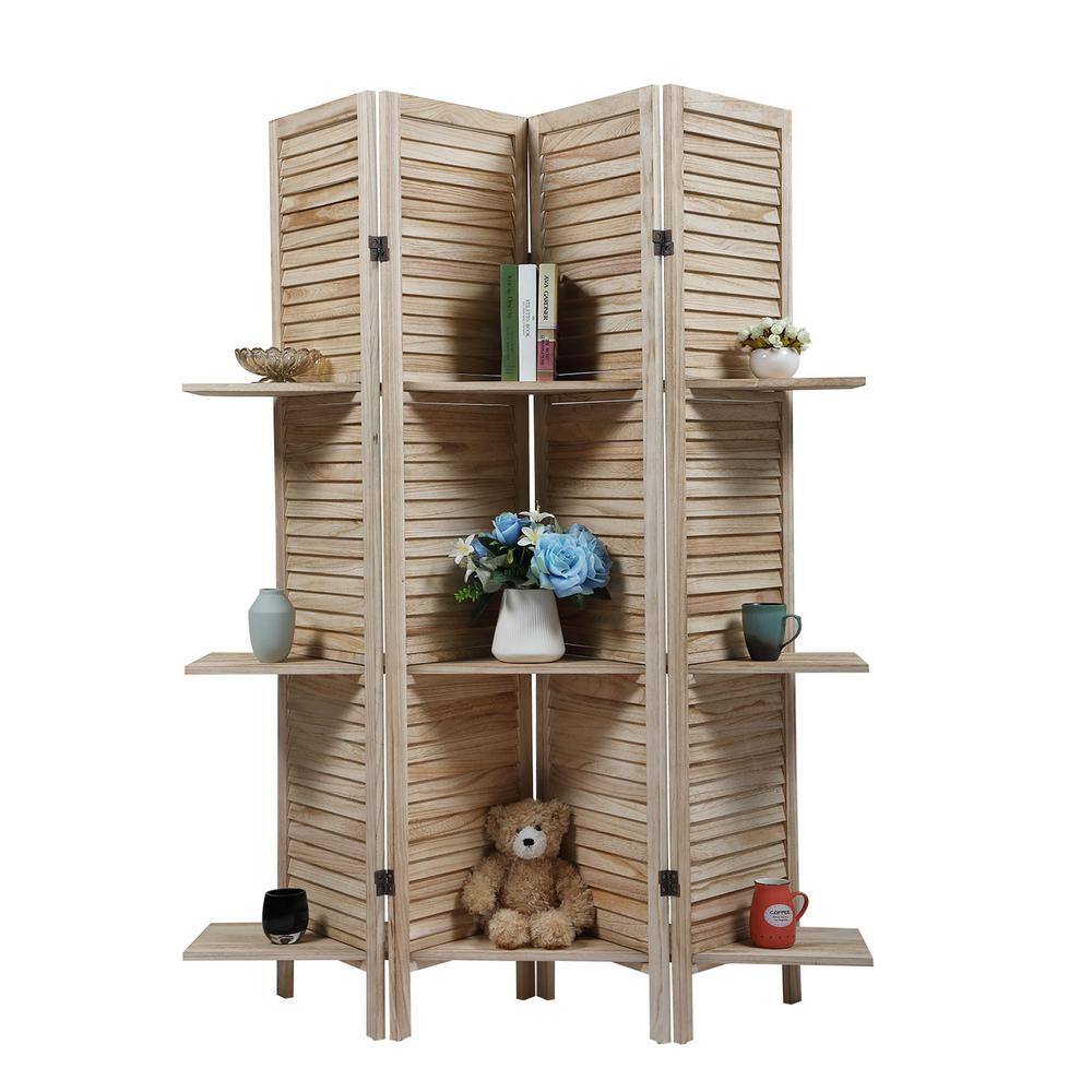 Tunearary Outdoor Sycamore Wood Foldable Screen with Shelves. 4 Panels