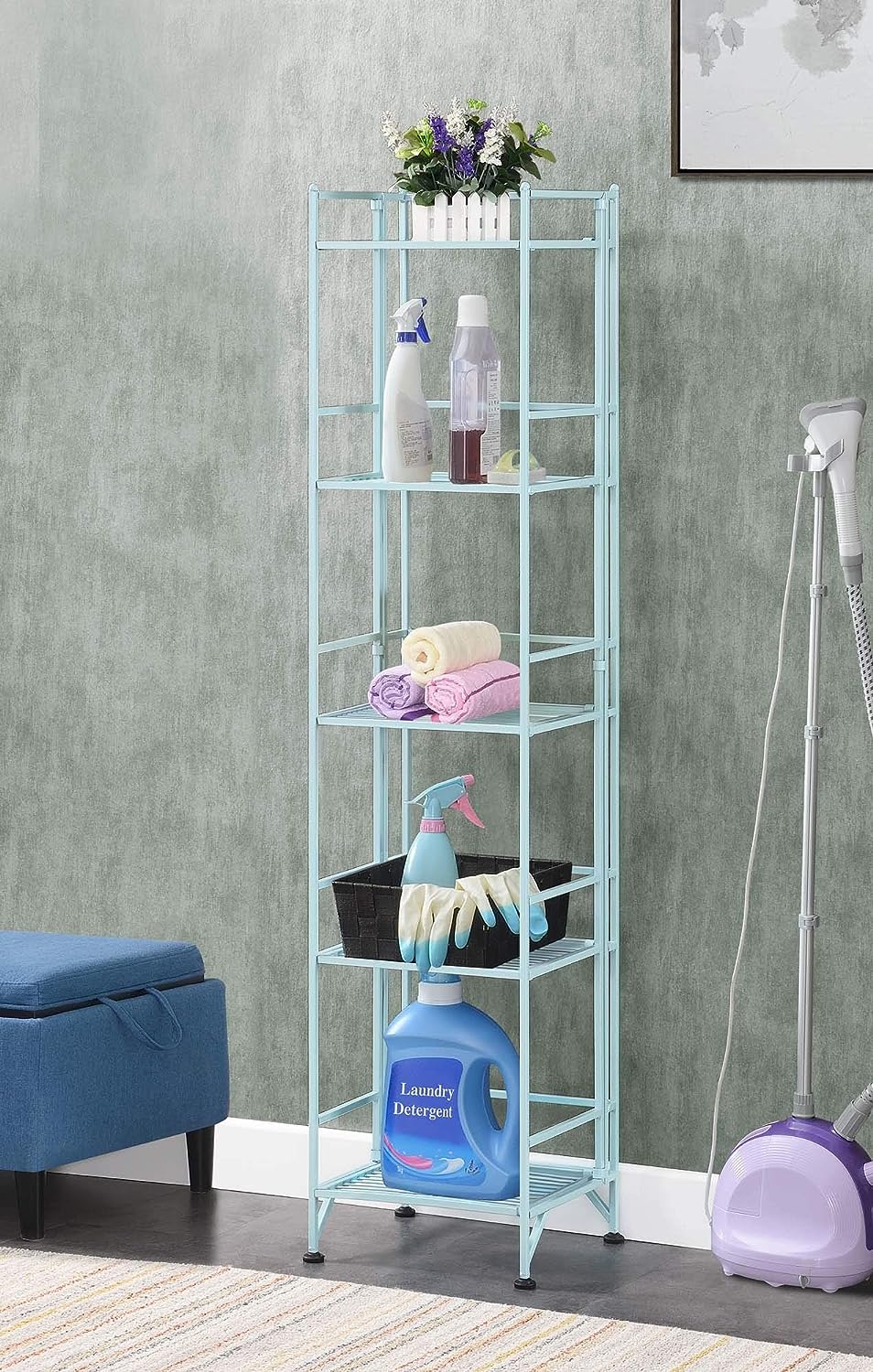Convenience Concepts Xtra Storage Shelves - 5-Tier Folding Metal Shelving. Modern Shelves for Storage and Display in Living Room. Bathroom. Office. Kitchen. Garage. Sea Foam