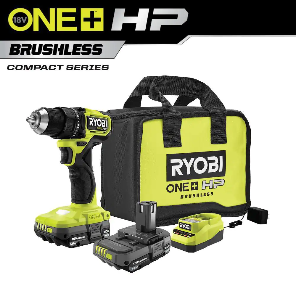 RYOBI PSBDD01K ONE+ HP 18V Brushless Cordless Compact 1/2 in. Drill/Driver Kit with (2) 1.5 Ah Batteries. Charger and Bag