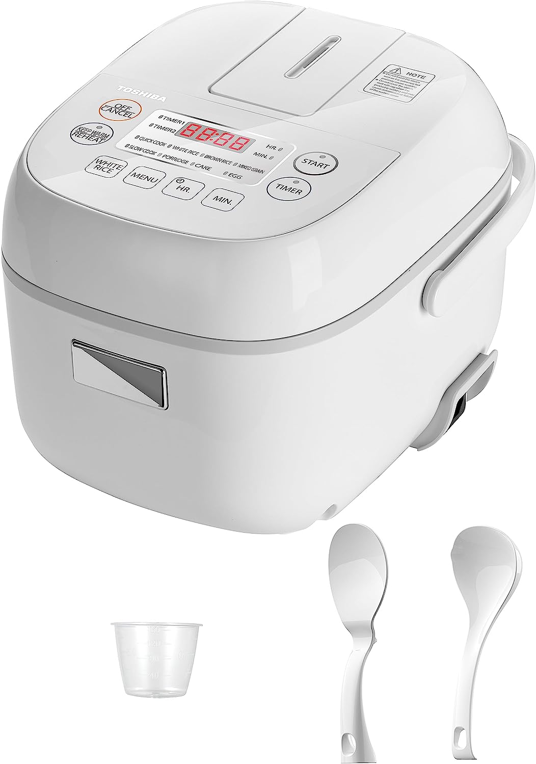Toshiba Small Rice Cooker 3 Cup Uncooked – LCD Display with 8 Cooking Functions. Fuzzy Logic Technology. 24-Hr Delay Timer and Auto Keep Warm. Non-Stick Inner Pot. White