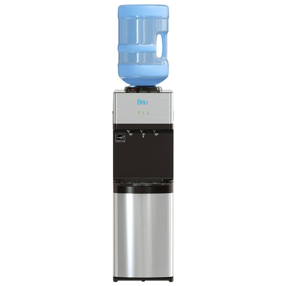 Brio CLTL520 Hot Cold and Room Temp Water Dispenser Cooler Top Load. Tri Temp. Black and Stainless Steel. Essential Series