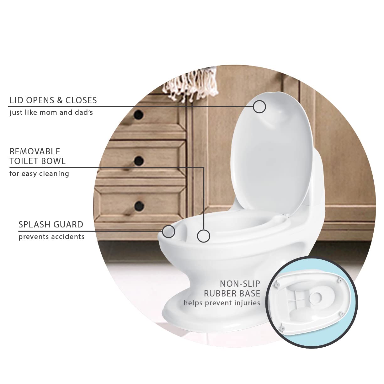 Nuby My Real Potty Training Toilet with Life-Like Flush Button & Sound for Toddlers & Kids. White