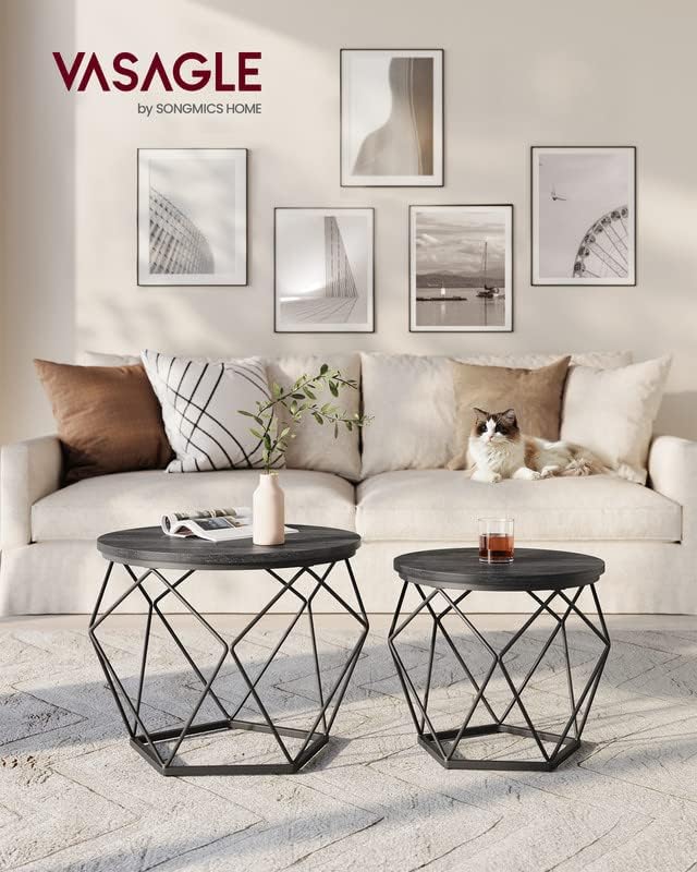 VASAGLE Small Coffee Table Set of 2. Round Coffee Table with Steel Frame. Side End Table for Living Room. Bedroom. Office. Black
