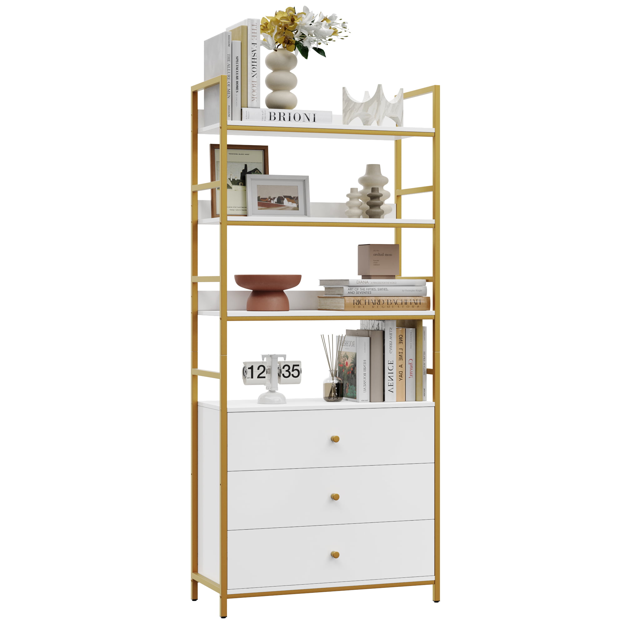 Homfa 4 Tier Gold Bookcase with 3 Drawers. Free Standing Bookshelf with Metal Frame for Office Study Room. White Finish
