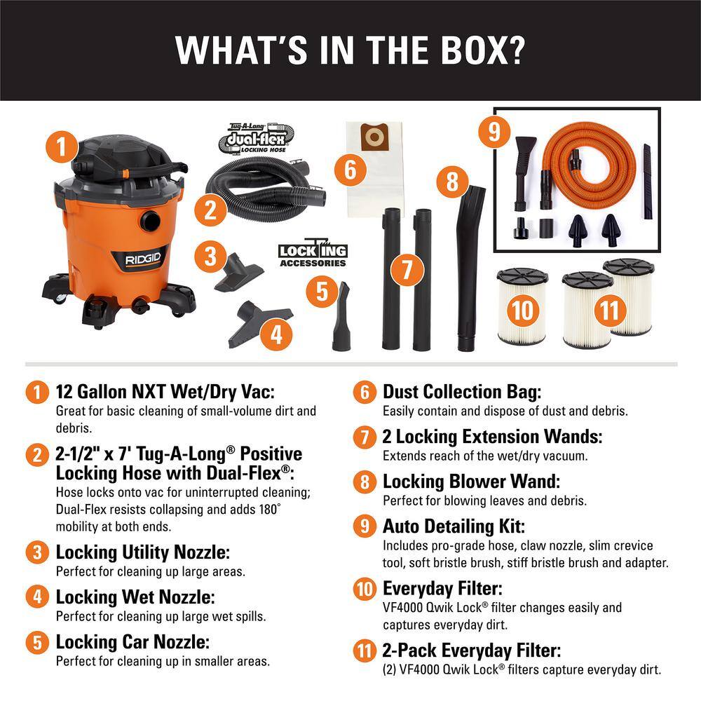 RIDGID HD1280A 12 Gallon 6.0 Peak HP NXT Wet/Dry Shop Vacuum with Detachable Blower. Two Additional Filters and Car Cleaning Kit