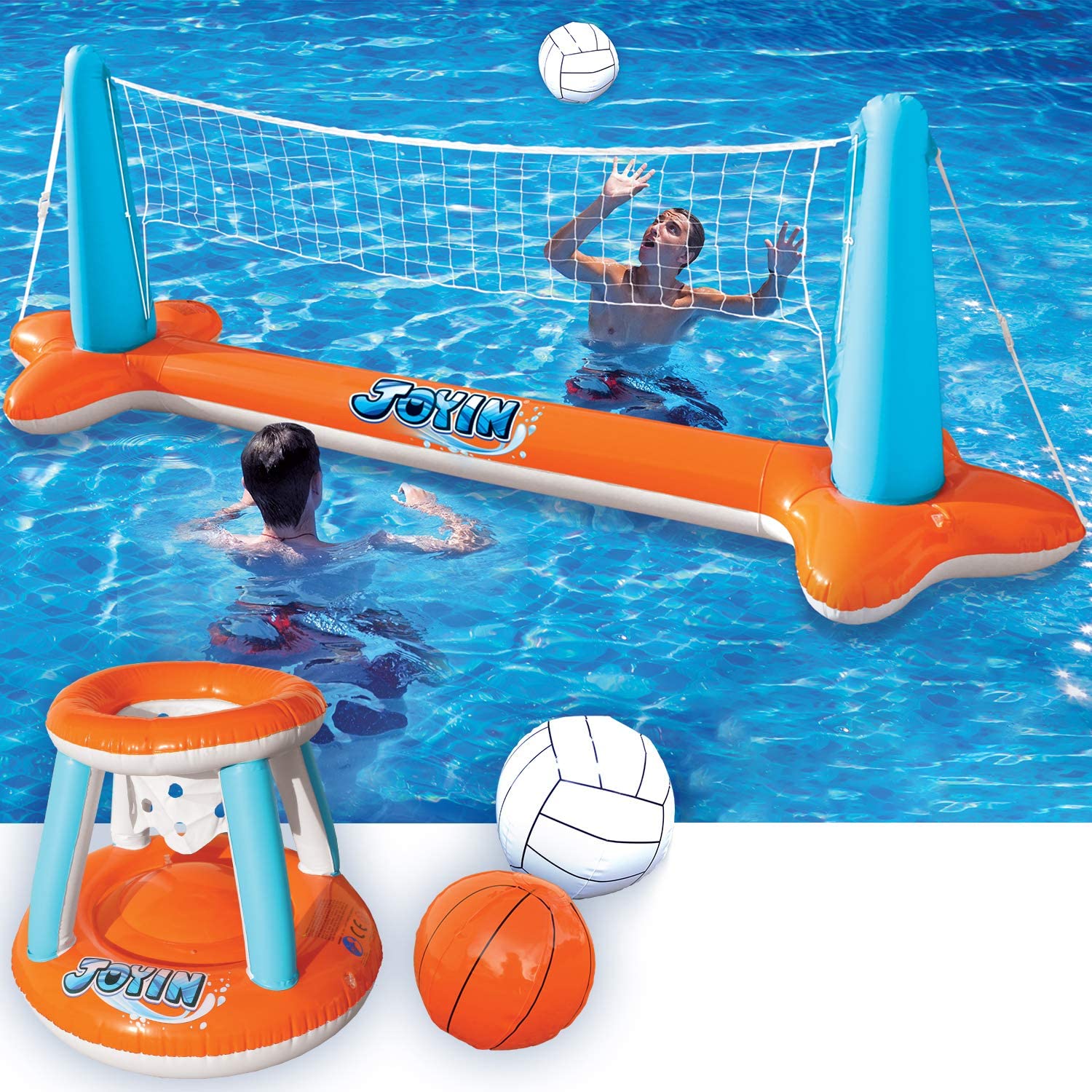 JOYIN Inflatable Pool Float Set Volleyball Net & Basketball Hoops. Floating Swimming Game Toy for Kids and Adults. Summer Floaties. Volleyball Court (105x28x35)|Basketball (27x23x27).Orange