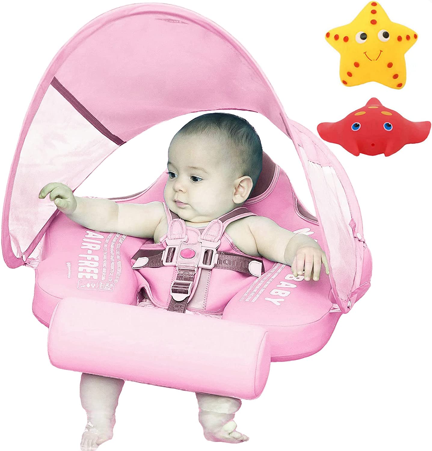 Mambobaby Non Inflatable Newest Size Improved Add Tail Avoid Flip Over Baby Pool Float with Canopy Infant Solid Swimming Float Swim Trainer. Pinkc