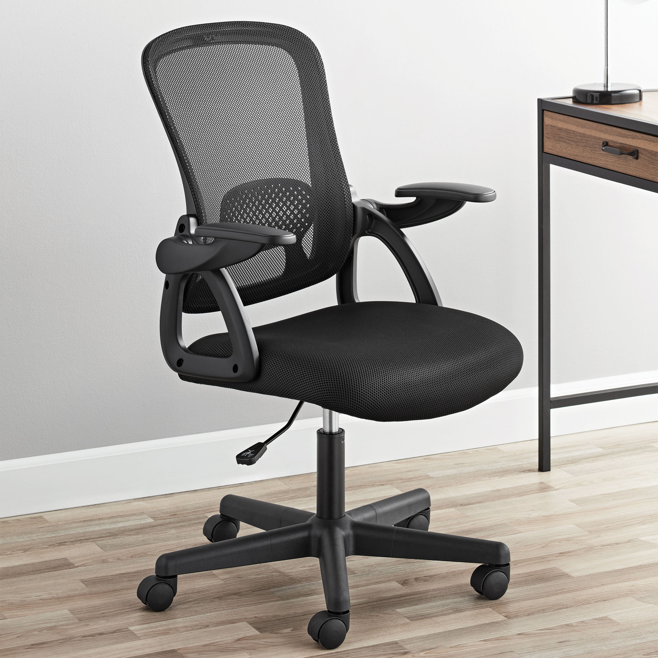 Mainstays Ergonomic Mesh Back Task Office Chair with Flip-up Arms. Black Fabric. 275 lb
