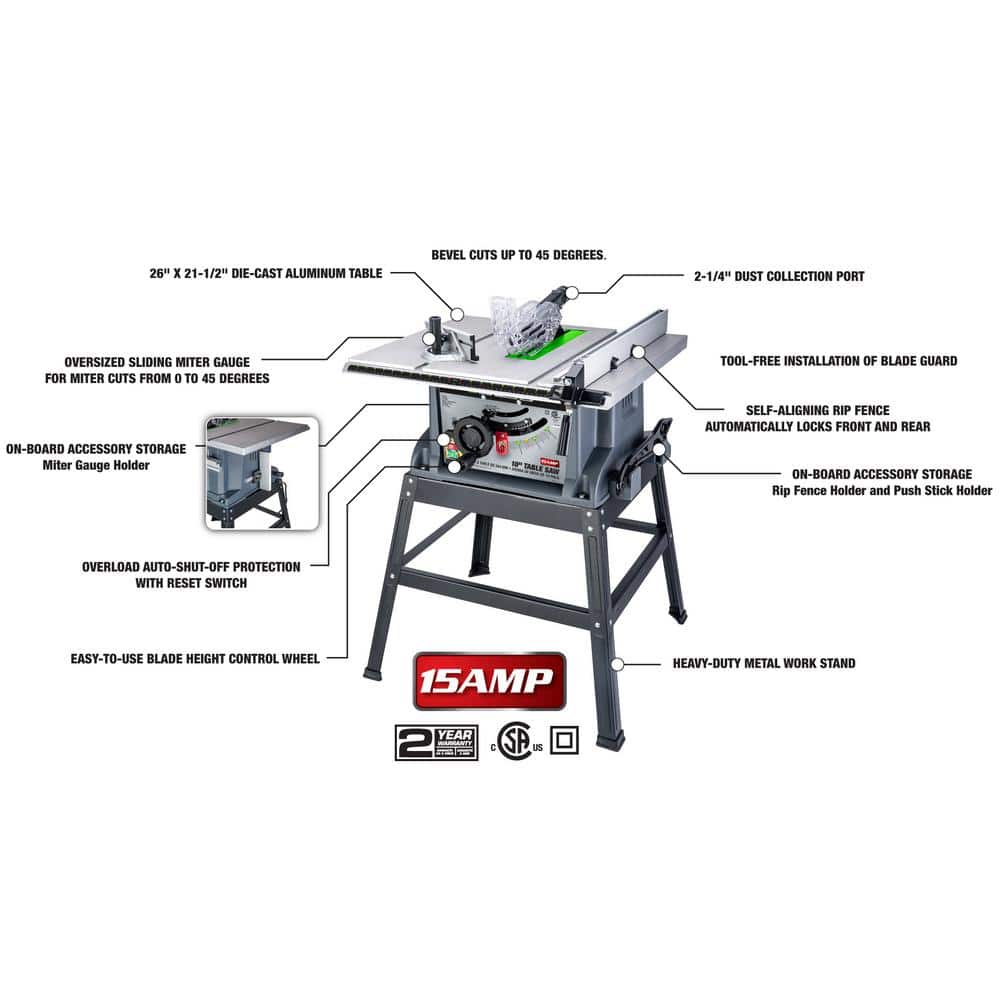 GENESIS GTS10SC 10 in. 15 Amp Table Saw with Metal Stand. Miter Gauge. Push Stick and Rip Fence