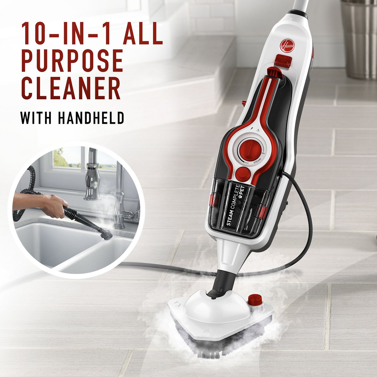 Hoover Steam Complete Pet Steam Mop with Removable Handheld Steamer. Cleaner for Tile and Hardwood Floors. White 11 IN x 8.75 IN x 25 IN
