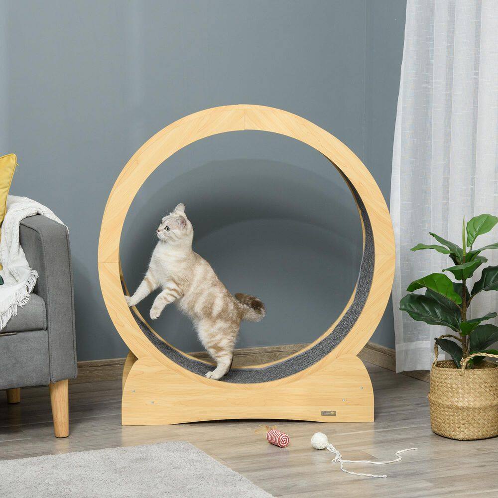 PawHut D30-517V01 Natural Wood Color Small/Medium Cat Wooden Cat Exercise Wheel Treadmill Cat Tree