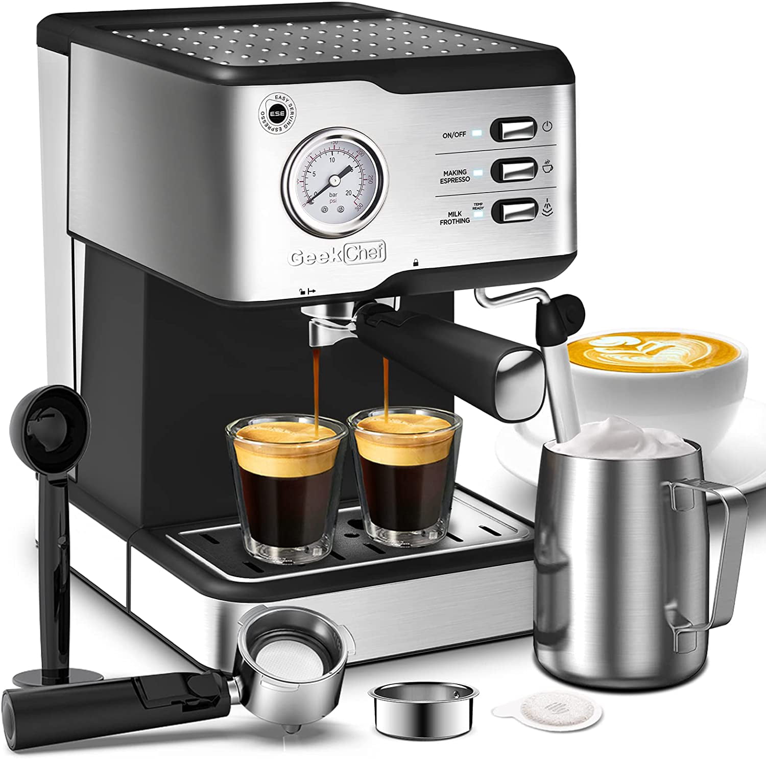 Geek Chef Espresso Machine Coffee Maker. 20 Bar Pump Pressure Espresso & Cappuccino Latte Maker with ESE POD Filter&Milk Frother Steam Wand&Pressure Gauge. 1.5L Water Tank. Stainless steel