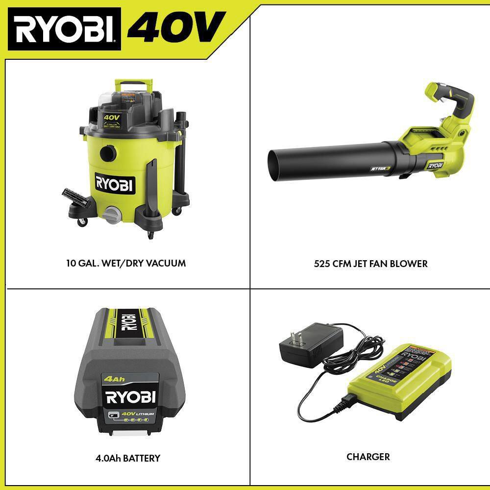 RYOBI RY40WD01K-RY40408BTLVNM 40V 10 Gal. Cordless Wet/Dry Vacuum with 40V Variable-Speed Jet Fan Leaf Blower. 4.0 Ah Battery. and Charger