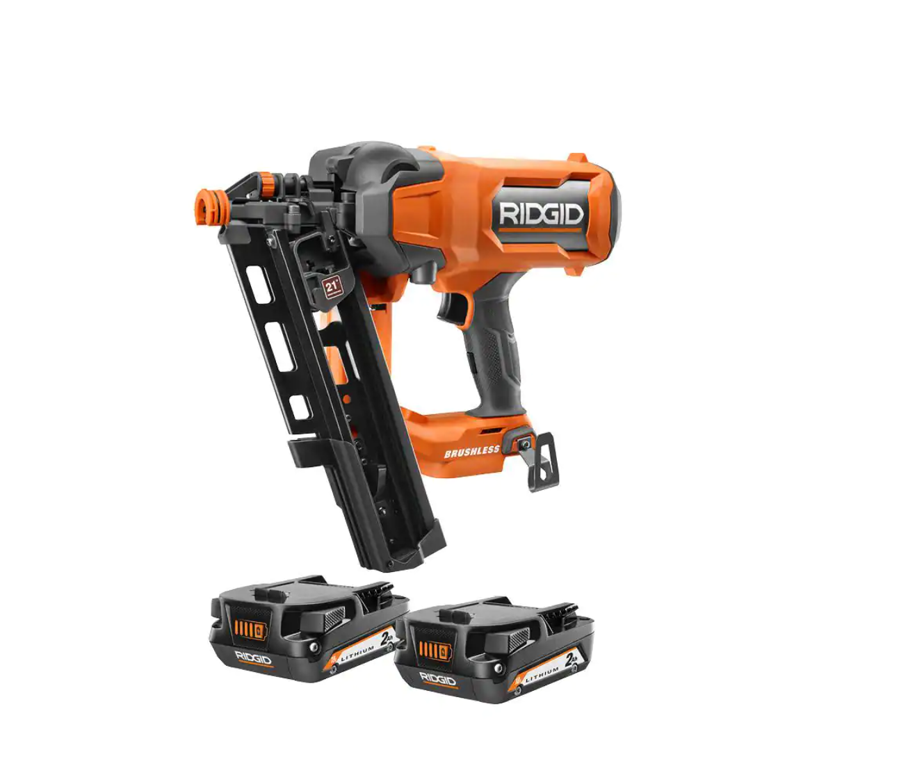 RIDGID R09894B-AC8400802P 18V Lithium-Ion Brushless Cordless 21° 3-1/2 in. Framing Nailer with 18V Compact Lithium-Ion 2.0 Ah Battery 2-Pack