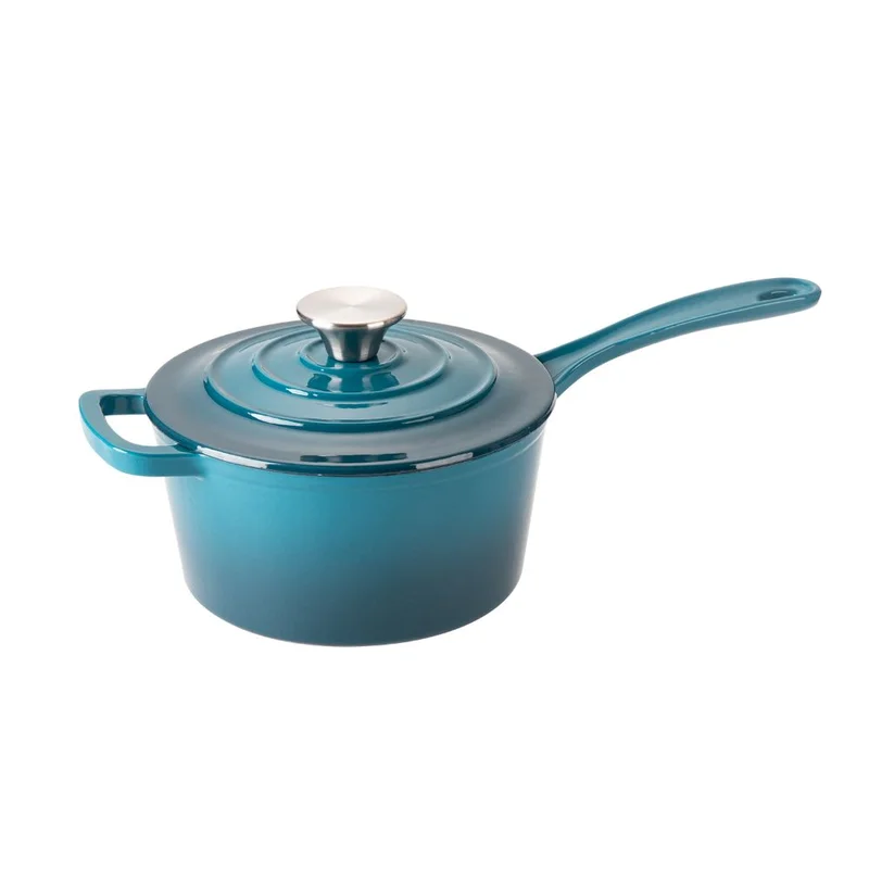Hamilton Beach HAR113NV 2 Quart Enameled Cast Iron Covered Sauce Pan Cooking Pot with Stainless Steel Knob and Lid for Frying. Roasting. Baking. and More. Blue