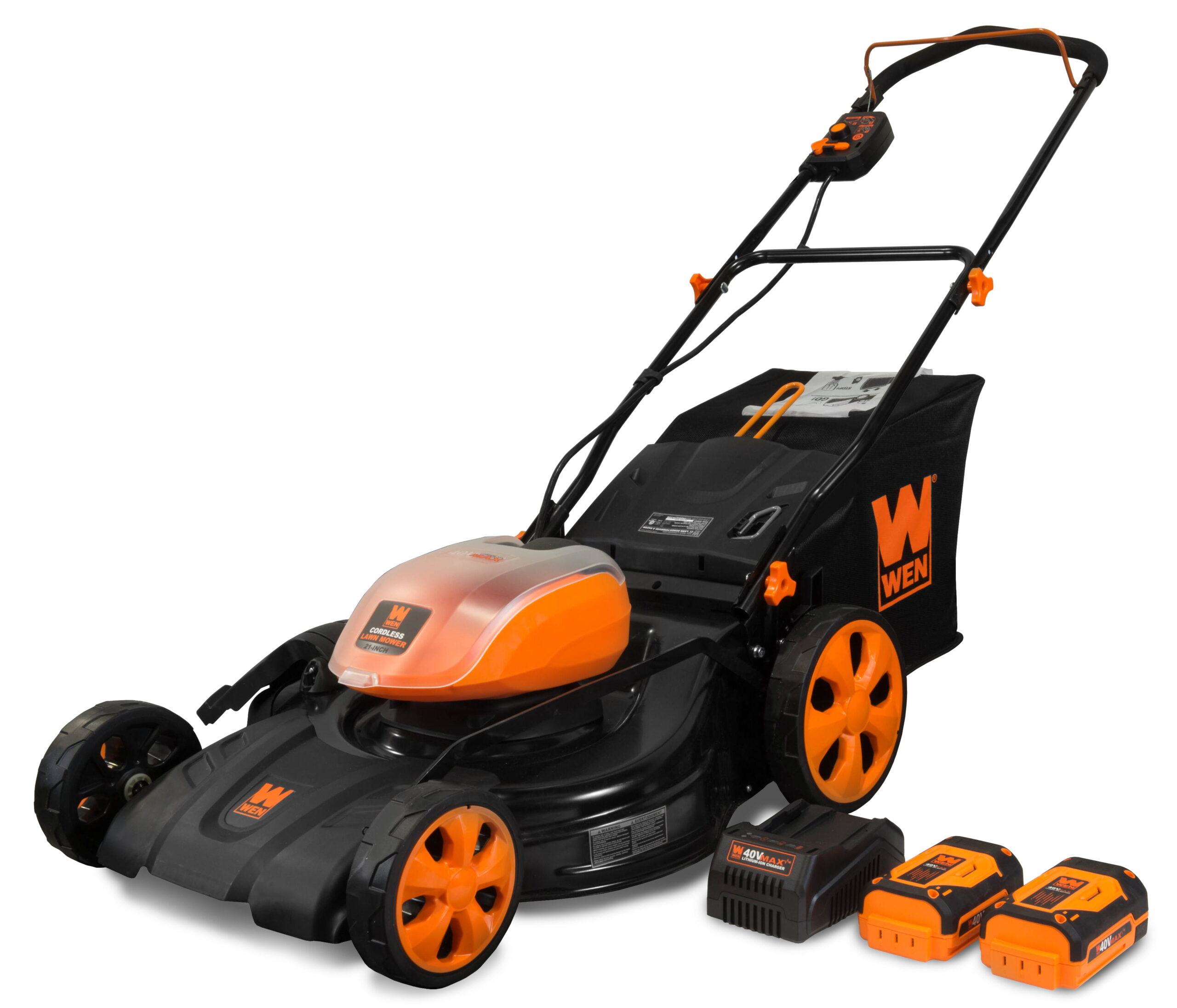 WEN 40V Max Lithium Ion 21-Inch Cordless 3-in-1 Lawn Mower with Two Batteries. 16-Gallon Bag and Charger