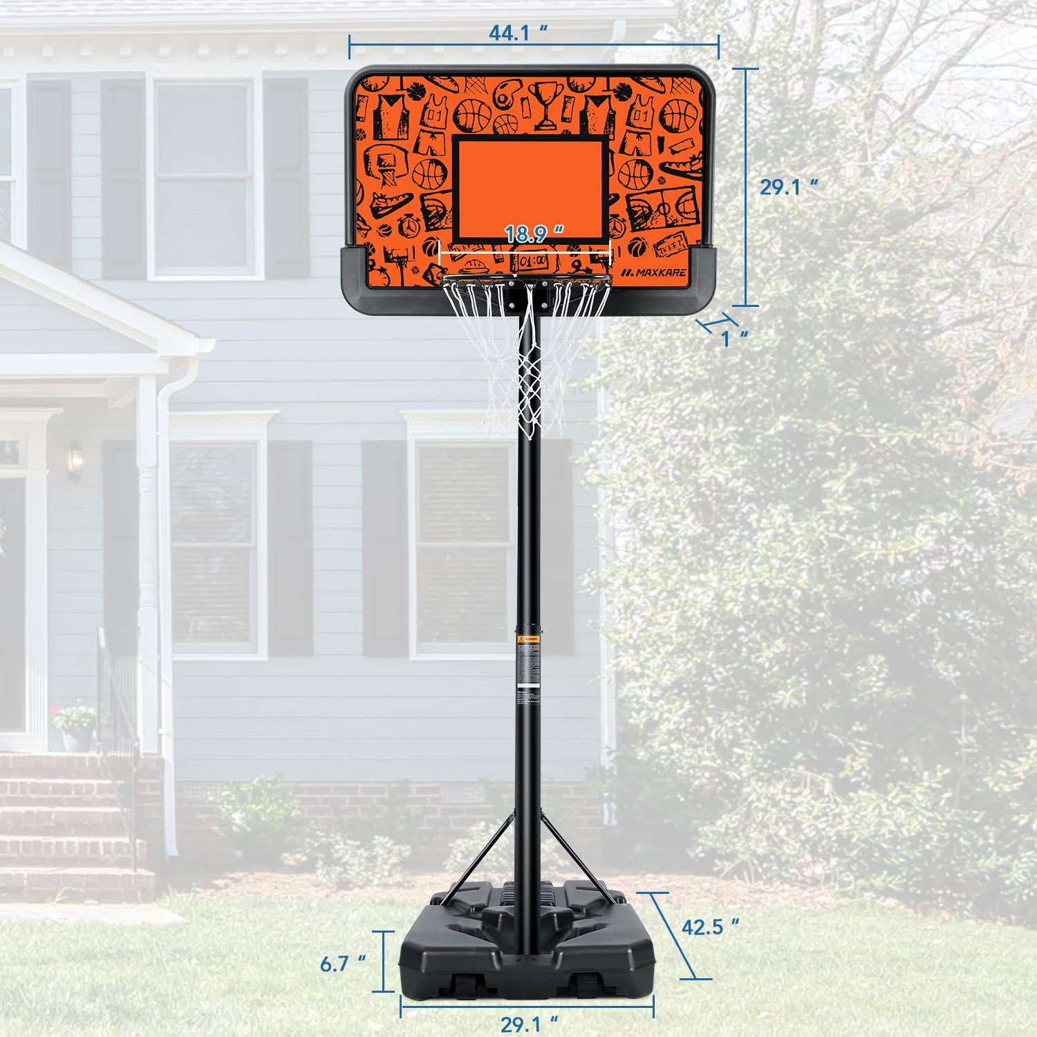 MaxKare 44 In Basketball Hoop 7.6-10ft Adjustable Portable Basketball System