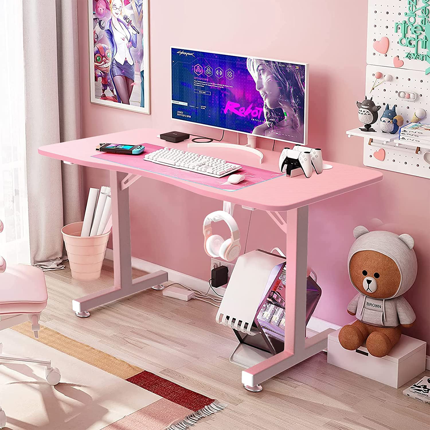 Vitesse Pink Gaming Desk 40 Inch Computer Desk Cute Gaming Table T-Shaped Girl Gamer (Pink)