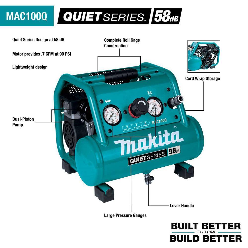 Makita MAC100Q Quiet Series. 1/2 HP. 1 Gal. Compact. Oil-Free. Electric Air Compressor