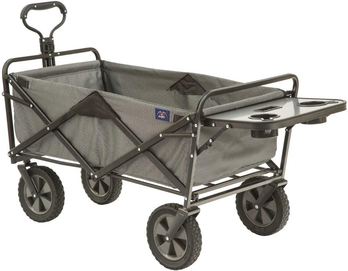 MacSports Collapsible Outdoor Utility Wagon with Folding Table and Drink Holders. Gray
